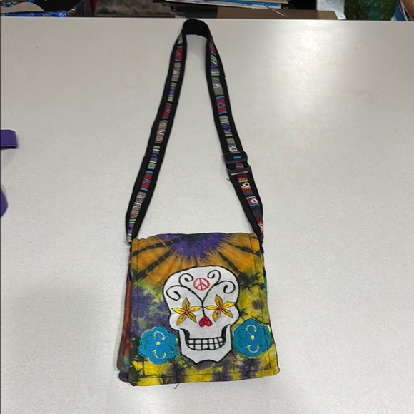 Rising International 100% Cotton Tye Dye Sugar Skull Medium Sized Crossbody Bag - Picture 1 of 7